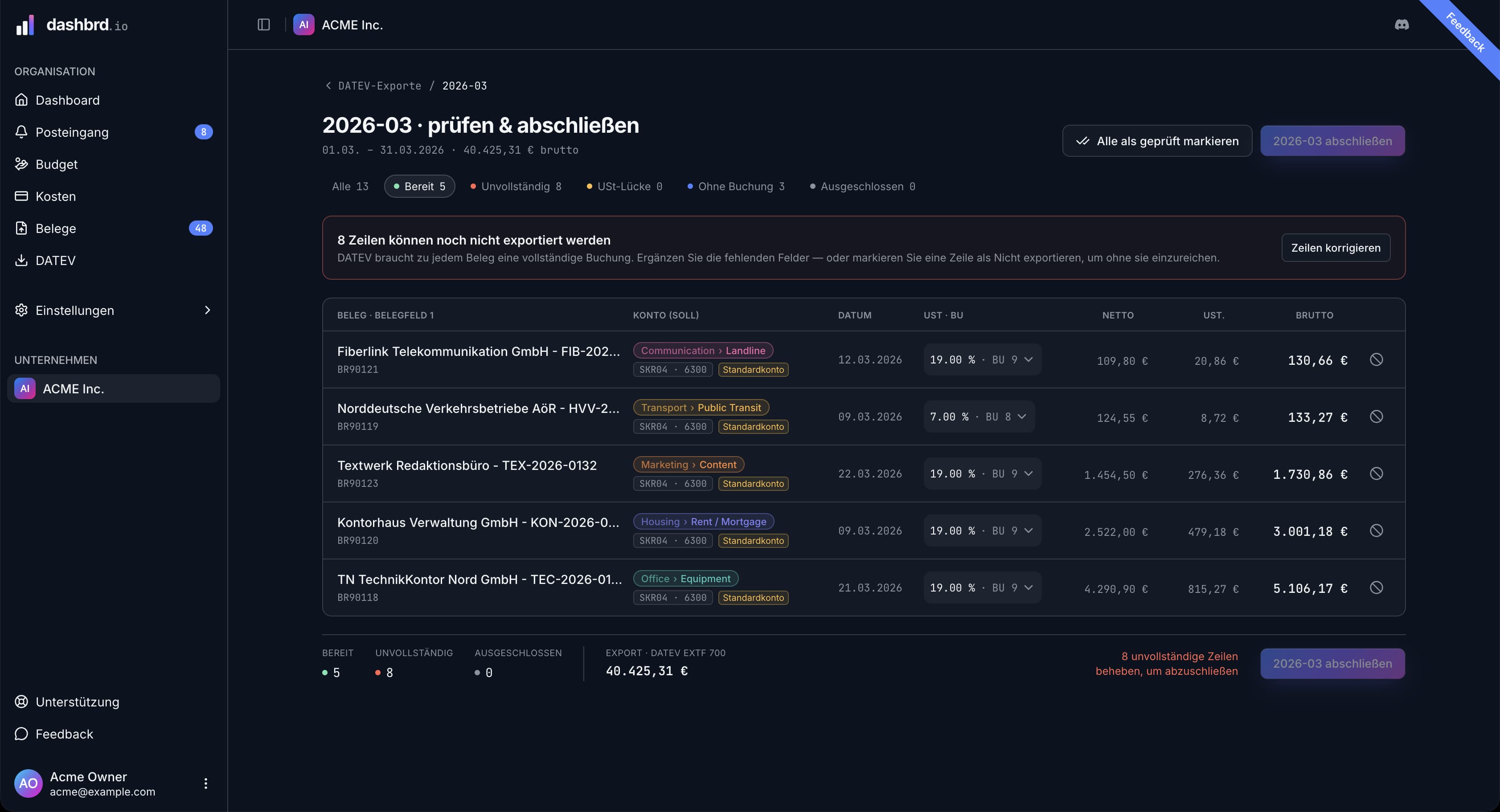 DATEV-Export in dashbrd.io mit den Buchungen eines Monats zum Prüfen und Abschließen