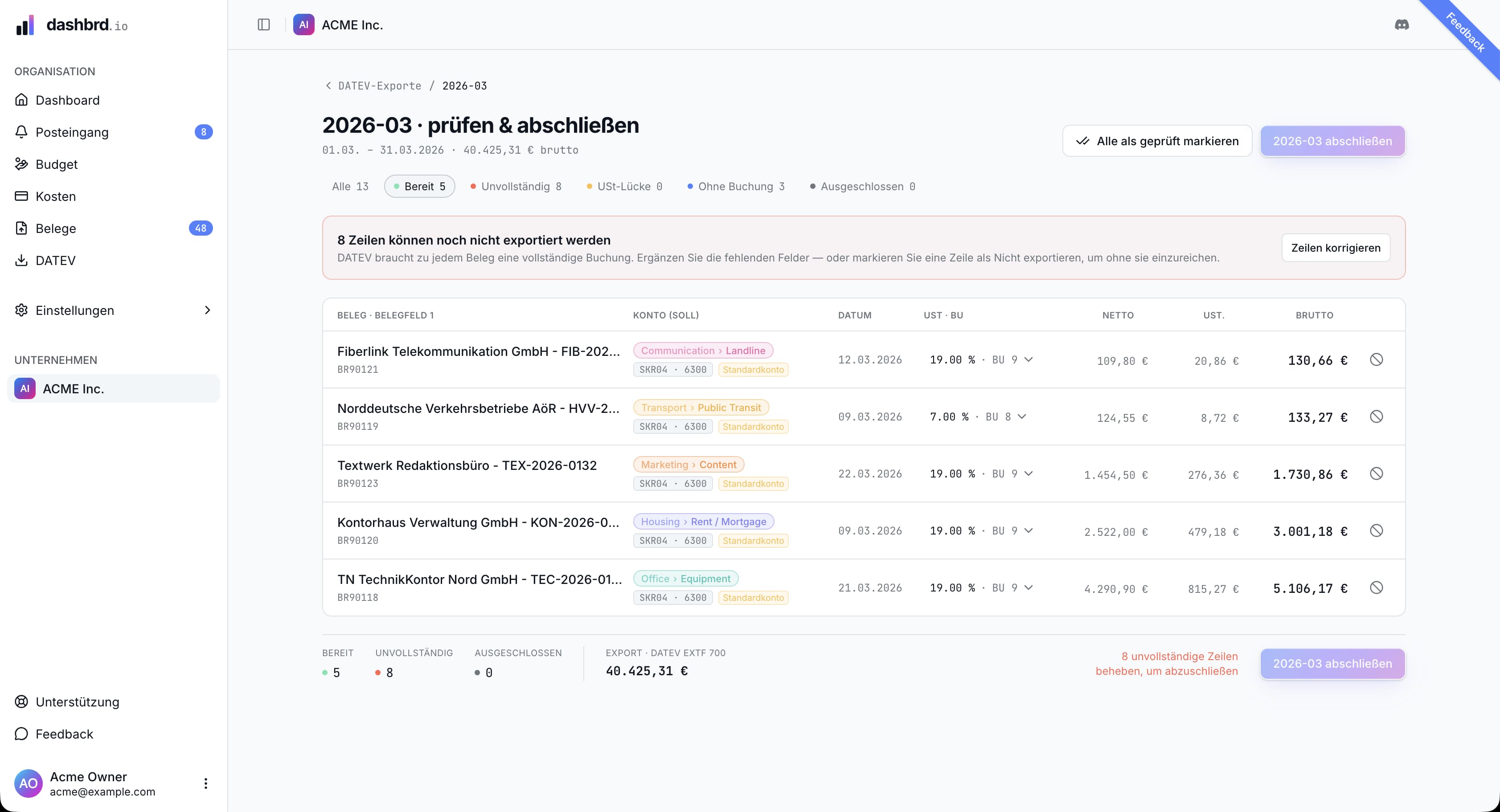 DATEV-Export in dashbrd.io mit den Buchungen eines Monats zum Prüfen und Abschließen