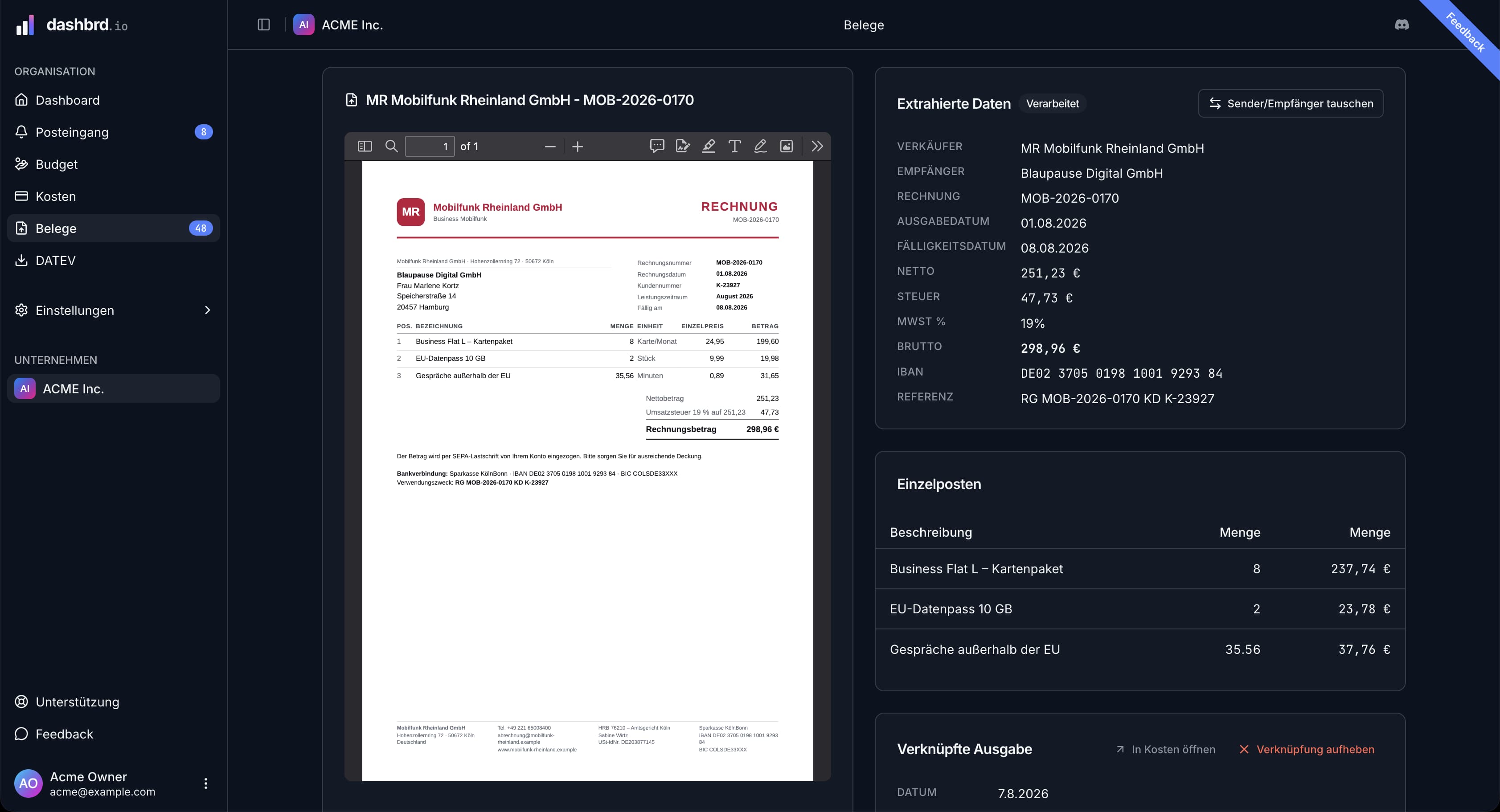 Belegansicht in dashbrd.io mit Rechnungsvorschau und automatisch extrahierten Daten