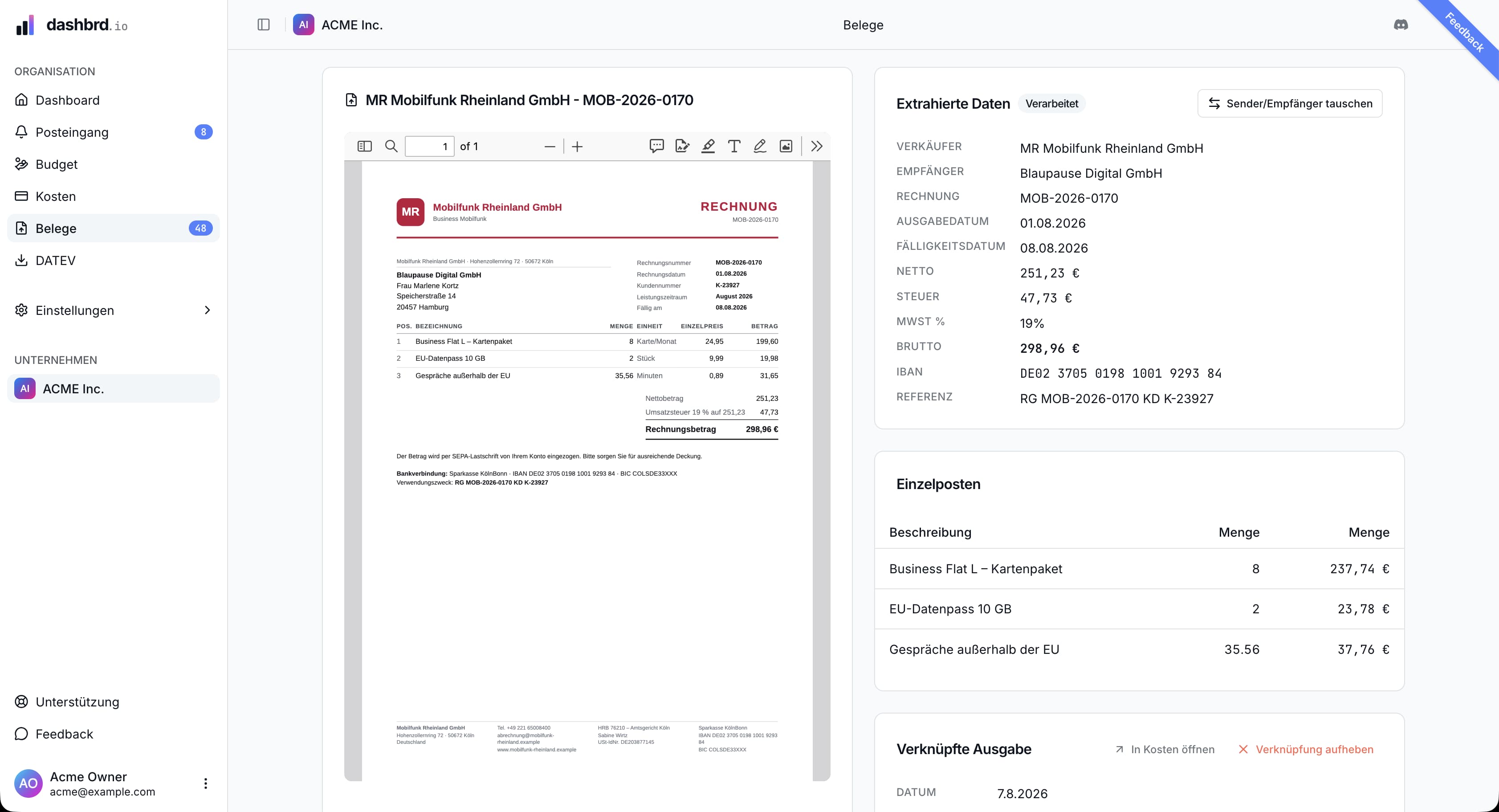 Belegansicht in dashbrd.io mit Rechnungsvorschau und automatisch extrahierten Daten